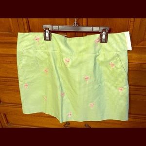 J Crew Grn. Gingham skirt w/Pink Flamingos, Sz. 10